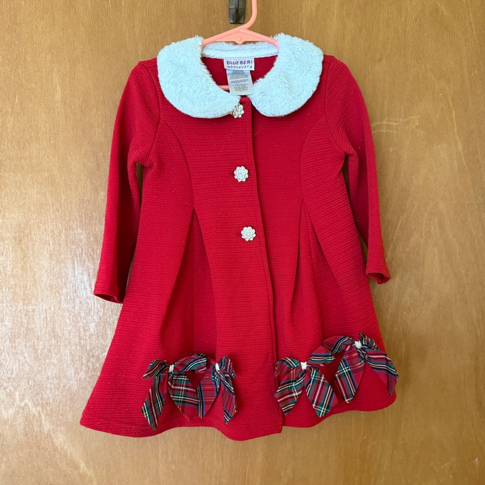 Red Coat with White Collar and Plaid Bows
